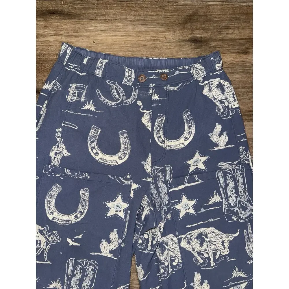 Free People Seaside Pull On Pants Western Print Indigo Combo Rodeo Time MEDIUM